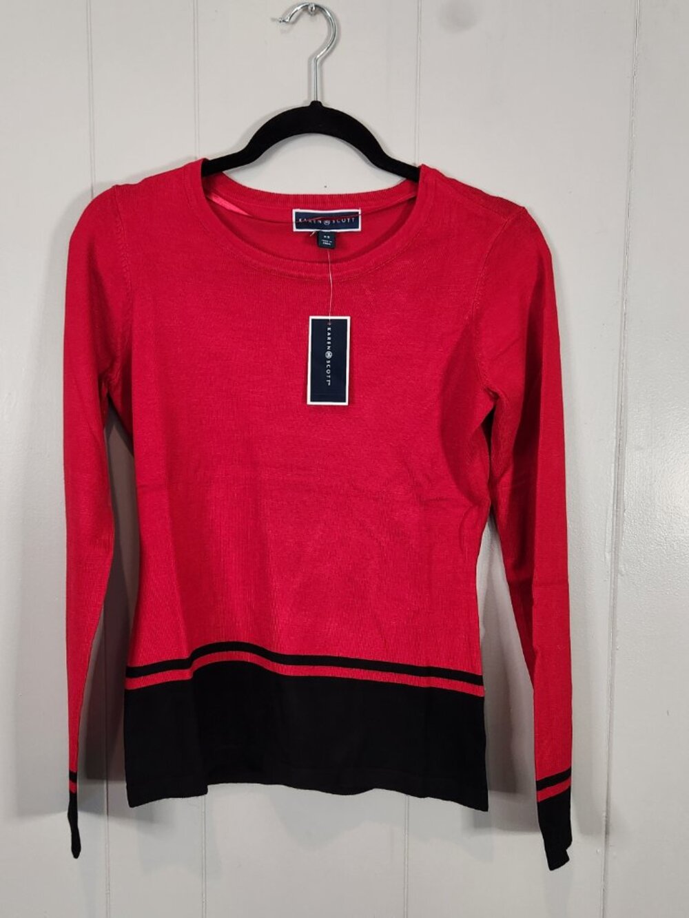Karen Scott Women's Red Black Colorblock Crewneck Sweater XS